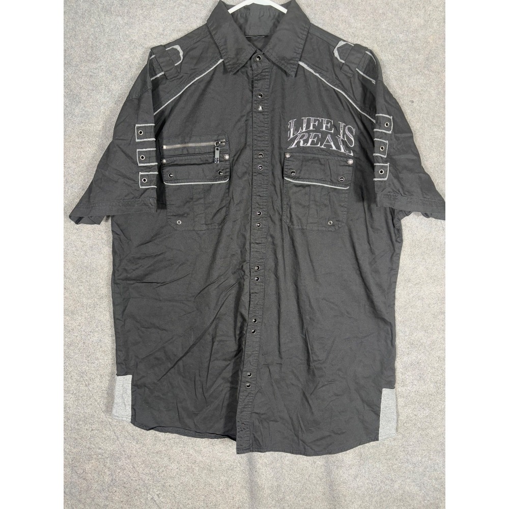 Blac Label Premium Mens Black Life Is Real Short Sleeve Utility Shirt XL Skull